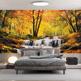 Autumn Leaves and Waterfall Mural Wallpaper