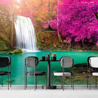 Serene Pink Trees and Waterfall Wallpaper