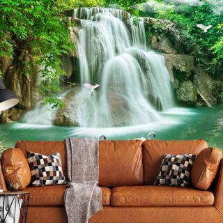 3D Lotus and Swans in Waterfall Wallpaper for Wall