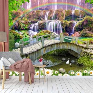 Beautiful Rainbow Over Waterfall Wallpaper