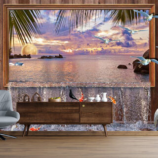3D Scenic Waterfall Wallpaper With Fishes and Cranes