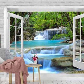 3D Scenic Waterfall Through Window Wallpaper