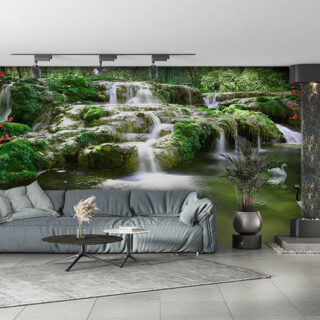 3D River Wallpaper With Red Blossoms and Cranes