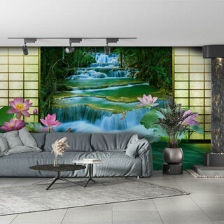 3D Lotus Family in Jungle River Wallpaper Mural