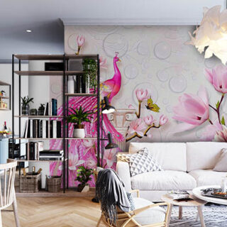 3D Pink Peacock Mural Wallpaper