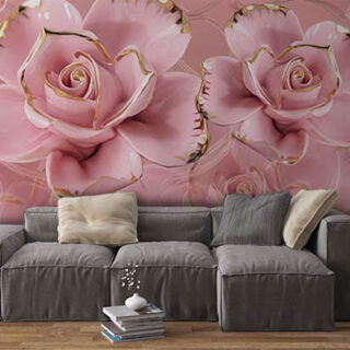 3D Pink Roses with Golden Edges Wallpaper for Wall