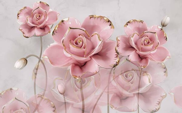 Light Pink 3D Rose Flower with Golden Tinted Wallpaper - Magicdecor®