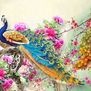Peacock in Floral Garden Wallpaper