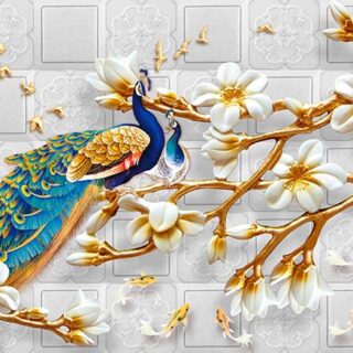 Two Peacocks Sitting on a Floral Branch Mural Wallpaper