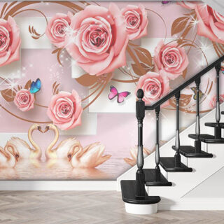3D Swans and Pink Roses Wallpaper for Wall