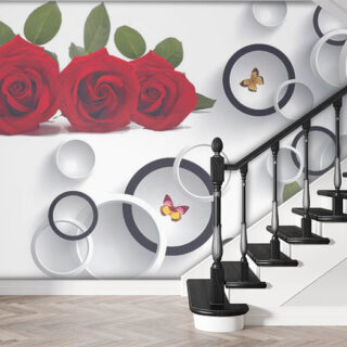 3D White Rings and Red Roses Wallpaper for Wall