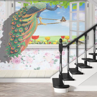 3D Peacock on a Window Wallpaper Mural