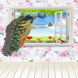 3D Peacock on a Window Wallpaper Mural