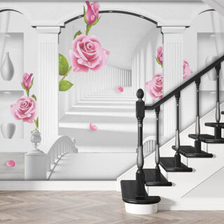 3D Effect Wall With Pink Roses Wallpaper for Wall