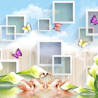 3D Swans and Butterflies Wallpaper