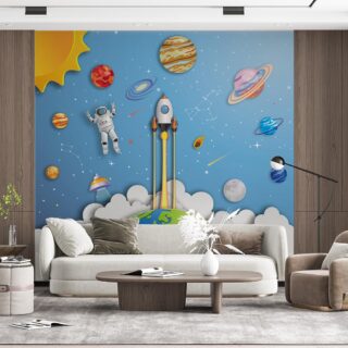 3D Space Rocket Inspiring Wallpaper for Kids Room