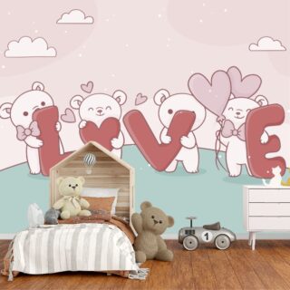 Pink teddy bear with love text wallpaper mural