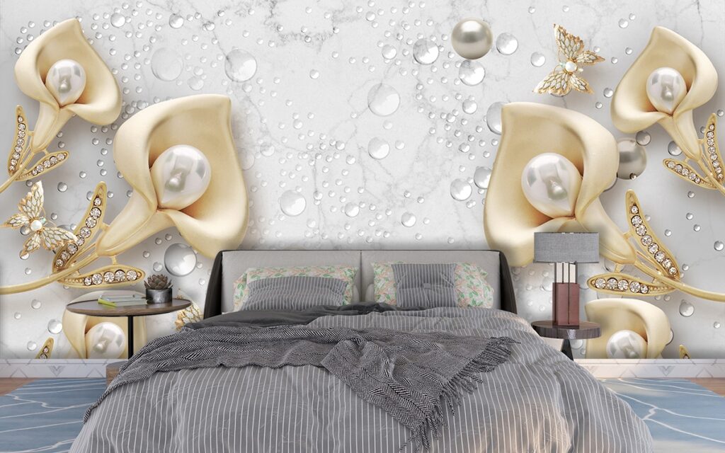 3D Wallpaper Design With Jewels and Flowers for Living Room - Magicdecor®