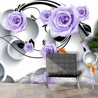 3D Wallpaper With Purple Roses and Goldfishes for Living Room