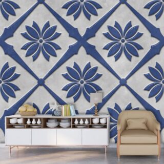 3D Blue and White Patterned Floral Wallpaper for Living Room