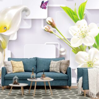 3D Beautiful White Flowers and Pearls Wallpaper for Living Room