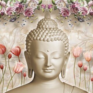 3D Statue of Buddha Face With Flowers Wallpaper for Living Room