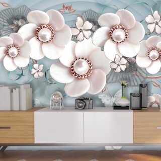 3D White Flowers With Pearls Wallpaper for Living Room