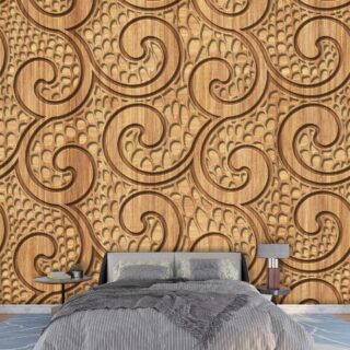 3d Wooden Look Carving with Swirls Wallpaper for Living Room
