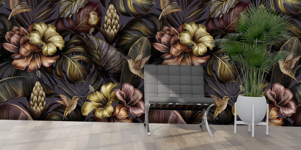Floral Pattern Wallpaper with Hummingbirds and Flowers - Magic Decor®