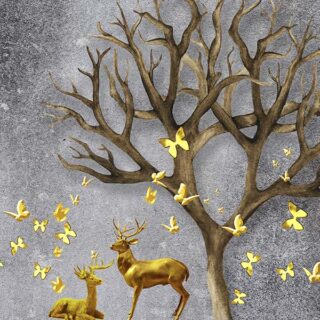 Tree with Butterflies and Deer, 3D Wallpaper For Living Room