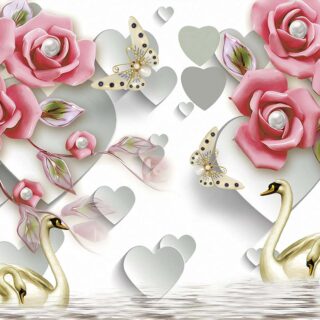 3D Swans and Flowers Living Room Wallpaper