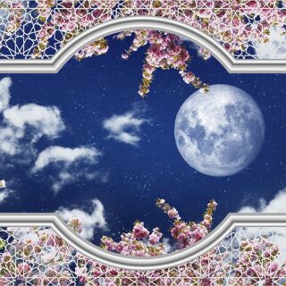 Moon and cherry blossoms in a window Wallpaper