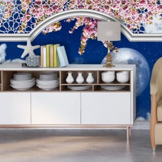 3D Ceiling Wallpaper, Moon and cherry blossoms in a window Wallpaper