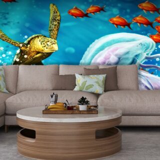 A Wallpaper Mural of a Tortoise Ocean Castle and Fishes Kids Wallpaper