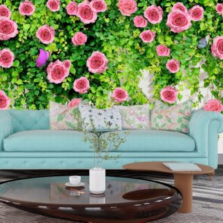 3D Dining Room Wallpaper With Pink Roses