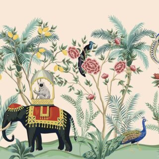 Elephant and Peacock Wallpaper, Tropical Wall Mural