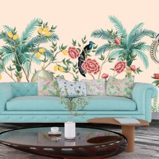 Elephant and Peacock Wallpaper, Tropical Wall Mural