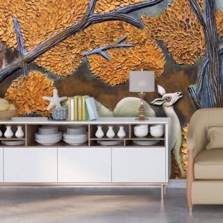 3D Dining Room Wallpaper of Group of Deer and Trees