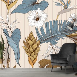 A Tropical Flowers and Leaves Design Wallpaper