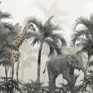 Elephant and Giraffes in A Forest Wallpaper
