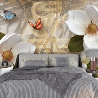 3D Magnolia Flowers and Butterflies Wallpaper Mural