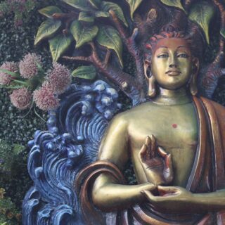 Zen Serenity: The Golden Buddha Mural Statue