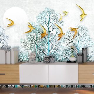 Elegant Golden Birds and Trees Wallpaper Mural