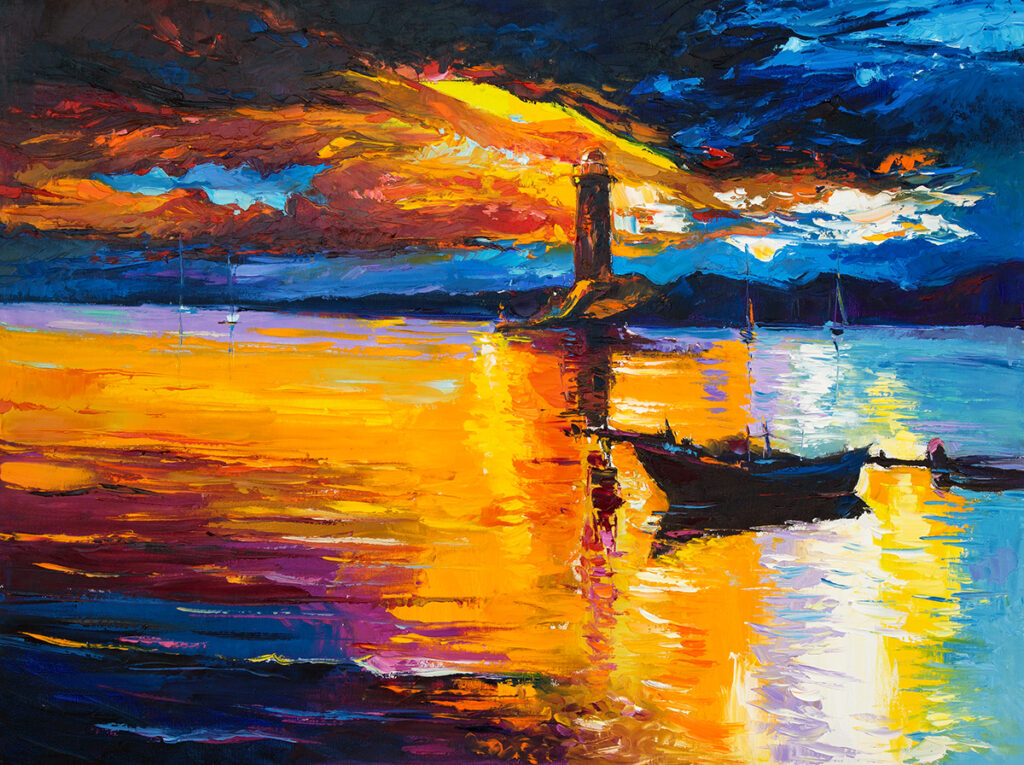 A painting of a lighthouse and a boat in the water - Magicdecor®