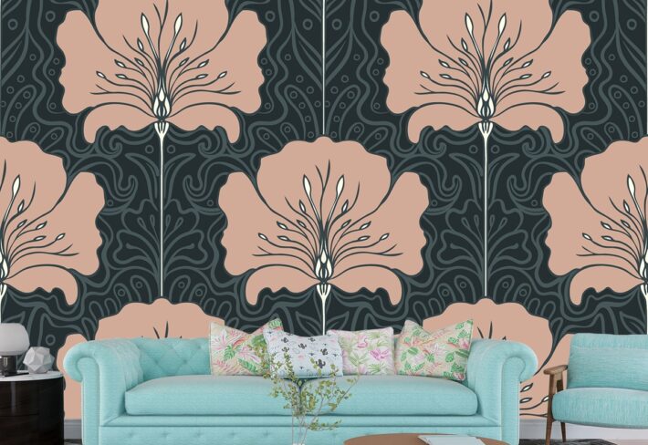 A pattern of flowers on a black background