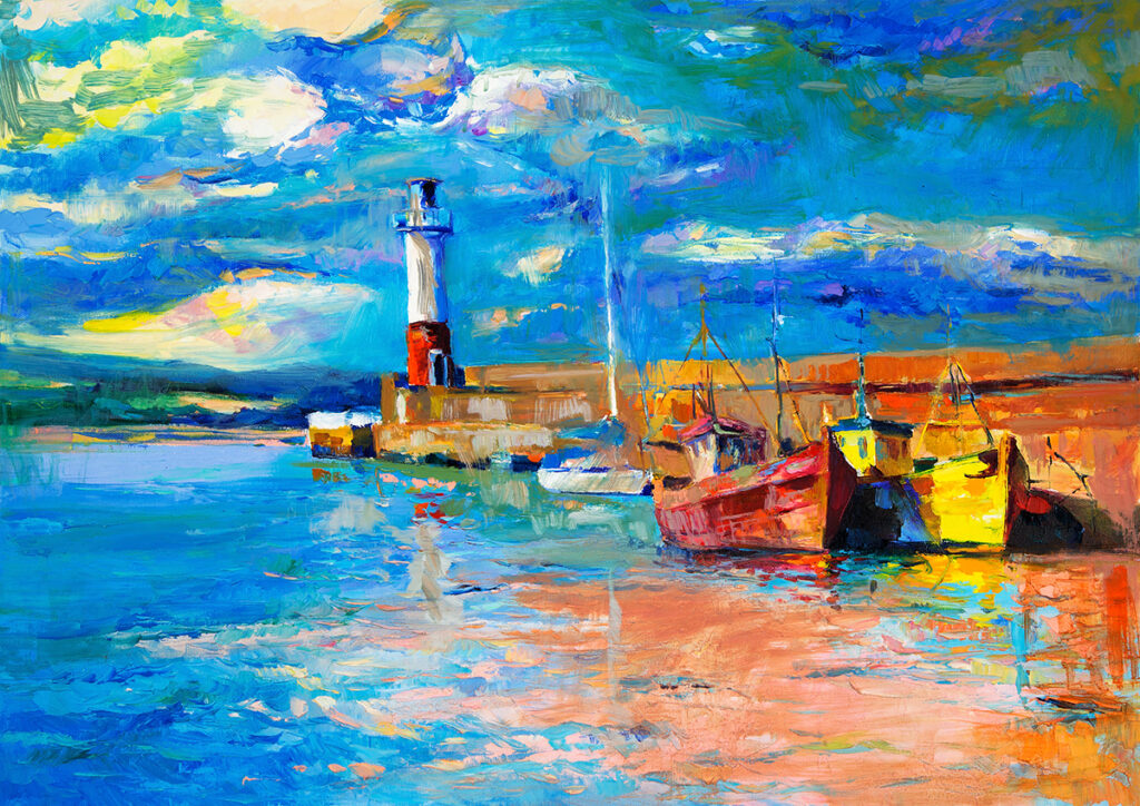 A painting of boats in a harbor - Magicdecor®