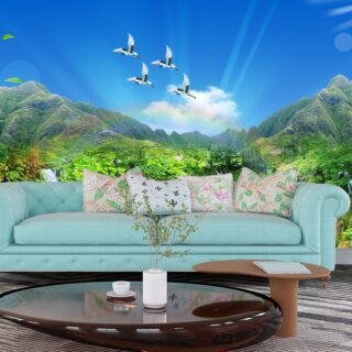 3D Mountains, Birds and Waterfall Scenery Wallpaper