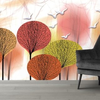 Abstract Painting of Trees with Birds Flying Wallpaper Mural