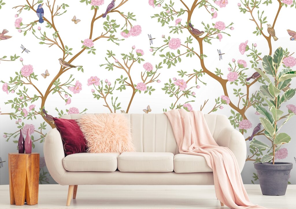 Bathroom Wallpaper - Birds and flowers pattern - Magicdecor®