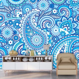 Blue and White Paisley Pattern Wallpaper for Walls